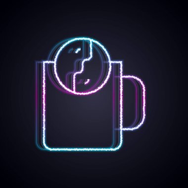 Parlayan neon hattı çay saati simgesi siyah arkaplanda izole edildi. Vektör.