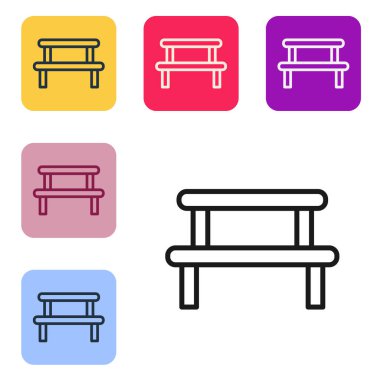 Siyah çizgi sauna ahşap ikonu beyaz arkaplanda izole edilmiş. Renkli kare düğmelerle simgeleri ayarla. Vektör.