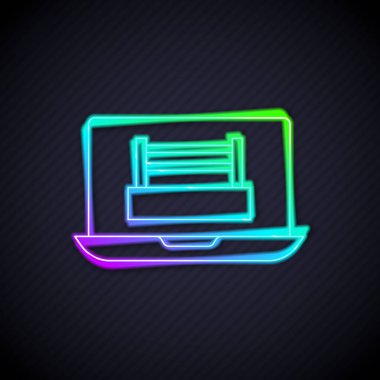 Siyah arkaplanda izole edilmiş dizüstü bilgisayar ikonunda parlayan neon çizgi boks ringi gösterisi. Vektör.
