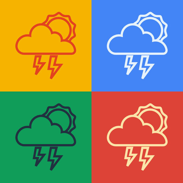 Иконка поп-арта выделена на цветном фоне. Облако с молнией и знаком солнца. Метеосимвол шторма. Вектор.
