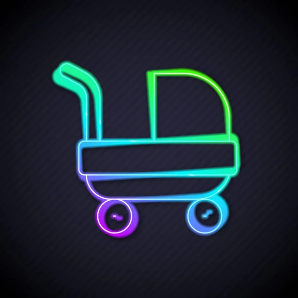 Glödande Neon Line Baby Barnvagn Ikon Isolerad Svart Bakgrund Barnvagn — Stock vektor