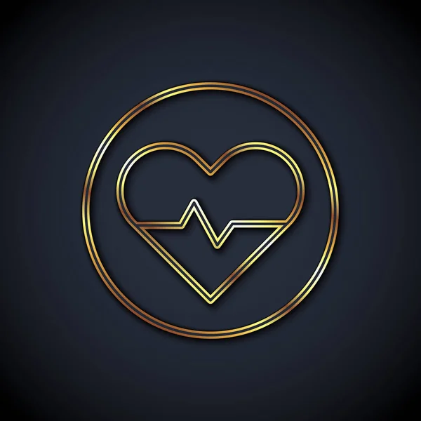 Gold Line Heart Rate Icon Isolated Black Background Heartbeat Sign — Stock Vector
