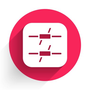 Beyaz dikenli tel ikonu uzun gölgeli izole edilmiş. Kırmızı daire düğmesi. Vektör.