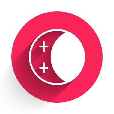 Güneş tutulmasının beyaz tutulması uzun gölge arkaplanı ile izole edilmiş. Tam sonar tutulması. Kırmızı daire düğmesi. Vektör