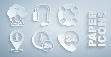 Saati 24 saat olarak ayarla, Lifebuoy, bilgili konum, telefon desteği, kulaklıklar ve soru işareti simgesi. Vektör