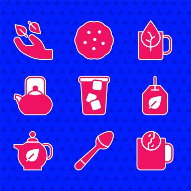 Buzlu çay, çay kaşığı, zaman, poşet dolusu yaprak, çaydanlık, çaydanlık sapı, bir fincan ikon. Vektör