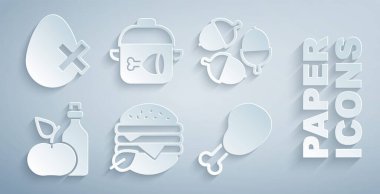 Vejetaryen yemek diyeti, meşe palamudu, elma sirkesi şişede tavuk budu, pişirme kabı ve tavuk ve yumurta ikonu. Vektör