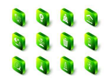 Yapraklı ampul, çöp poşeti geri dönüşümü, çevre dostu ev, doğa pili, rüzgar türbini, çöp tenekesi, petrol platformu ve bitki yetiştirme ikonu. Vektör