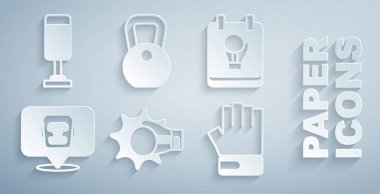 Yumruk, boks eldiveni, kask, MMA, ağırlık ve kum torbası ikonu. Vektör