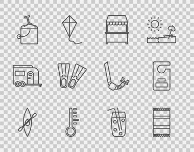 Kano, kano ve kürek, plaj havlusu, tenteli sokak tezgahı, meteoroloji termometresi, kum kovası küreği, lastik yüzgeçler, kokteyl içeceği ve lütfen ikonu rahatsız etmeyin. Vektör