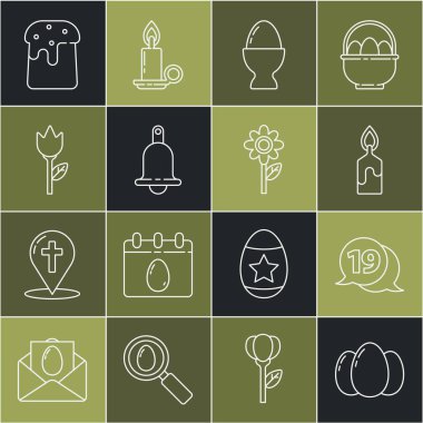 Paskalya yumurtaları, mutlu Paskalya konuşmaları, yanan mumlar, tezgahta zil, çiçek lalesi, pasta ve ikon. Vektör