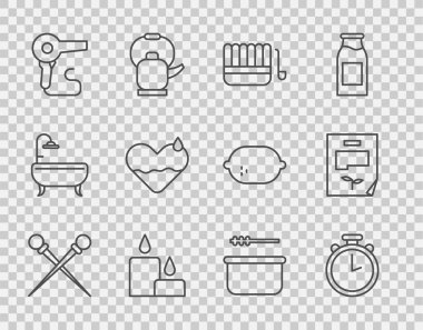 Sıraya dizilmiş örgü iğneleri, Kronometre, sauna kovası ve kepçe, yanan mum, saç kurutma makinesi, kalp iyileştirme ve Yaprak döküman ikonu. Vektör