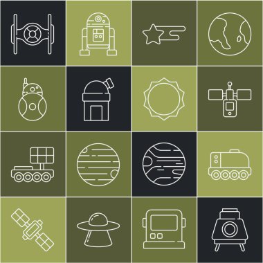 Mars gezgini, uydu, kayan yıldız, astronomik gözlemevi, robot, kozmik gemi ve güneş ikonu. Vektör