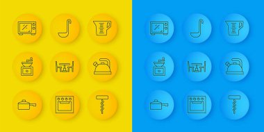 Hattı kurun, manuel kahve öğütücü, sandalyeli ahşap masa, tirbuşon, kettle sapı, mikrodalga fırın, ölçü kabı ve mutfak kepçesi ikonu. Vektör