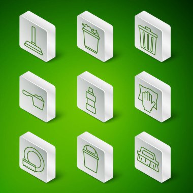 Temizlik, çöp tenekesi, lastik pompa, şişe deterjanı, çamaşır tozu, köpüklü kova, bulaşık ve temizlik ikonu. Vektör