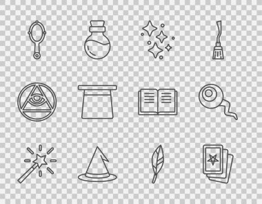 Sihirli değnek, üç tarot kartı, sihirli parıldayan yıldızlar, cadı şapkası, el aynası, tüy ve göz ikonu. Vektör