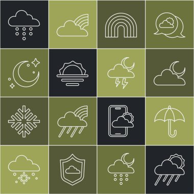 Bulut 'u yağmur ve güneş, Şemsiye, Ay, Gökkuşağı, Gündoğumu, Ay yıldızları ve Fırtına ikonu ile hizala. Vektör