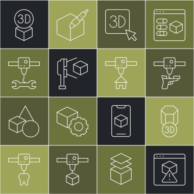3D yazıcı, silah, küplü tarayıcı, anahtar anahtarı, Isometric ve ev simgesi ayarla. Vektör