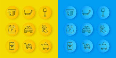 Mobil hattı kablosuz olarak ayarla, otel rezervasyon takvimi, taksi arabası, örtülü yemek tepsisi, dijital kapı kilidi, kredi kartı, masa lambası ve kahve kupası ikonu. Vektör