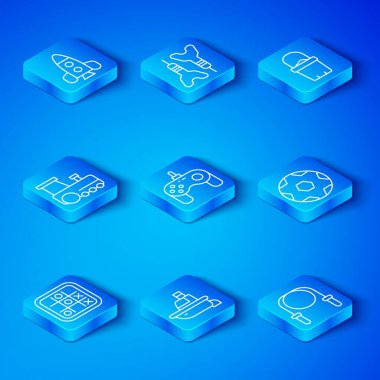 Tic tac toe oyunu, Gamepad, oyuncak bot, futbol topu, kovadaki kum, tren, roket gemisi oyuncağı ve ip atlama ikonu. Vektör