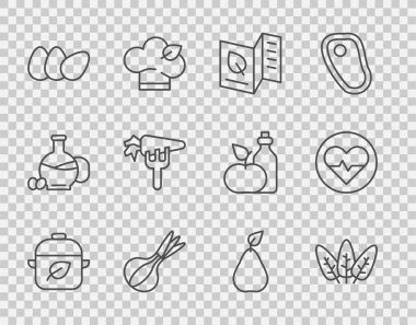 Vejetaryen yemek diyeti, Yaprak, Vejetaryen menüsü, Soğan, Tavuk yumurtası, Havuç, Armut ve Kalp atış hızı ikonu. Vektör