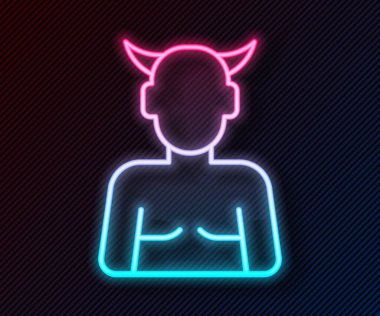Parlayan neon hattı Krampus, cehennem simgesi siyah arkaplanda izole edilmiş. Boynuzlu şeytan. Geleneksel Noel şeytanı. Mutlu Cadılar Bayramı Partisi. Vektör.