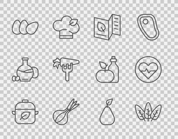 设定素食 素食菜单 胡萝卜 梨子和心率图标 — 图库矢量图片