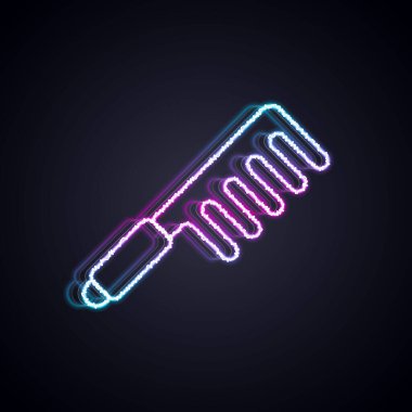 Parlayan neon çizgisi saç fırçası simgesi siyah arkaplanda izole edildi. Taraklı saç işareti. Berber sembolü. Vektör