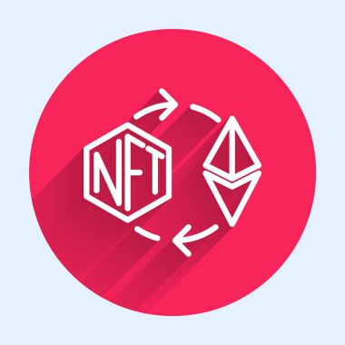 Beyaz çizgi Ethereum değiş tokuşu NFT simgesi uzun gölge arkaplan izole. Para iadesi olmayan jeton. Dijital kripto sanat konsepti. Kırmızı daire düğmesi. Vektör