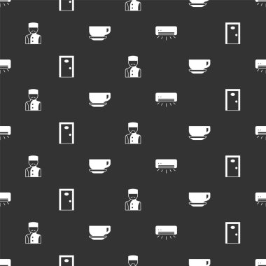 Klimayı ayarlayın, otel kapısı, kapıcı ve kahve fincanını kusursuz bir şekilde ayarlayın. Vektör