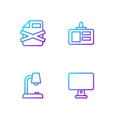 Satır bilgisayar monitörünü, masa lambasını, dosya belgesini ve kimlik kartını sil. Renk simgeleri. Vektör