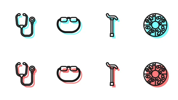 Set Line Gehstock Stethoskop Brille Und Vitaminpille Symbol Vektor — Stockvektor