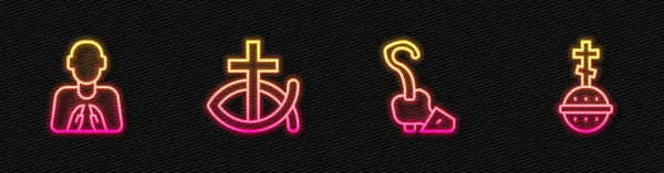 设置线形魔法杖 双手在祈祷位置 基督教鱼和十字架 发光的霓虹灯图标 — 图库矢量图片