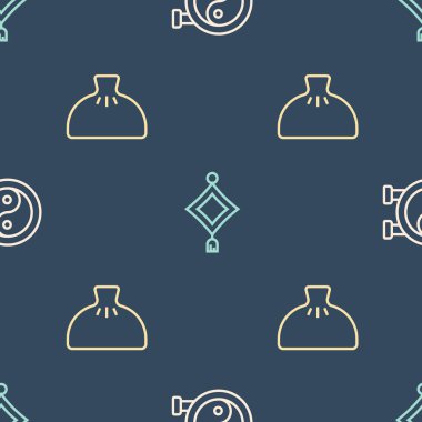 Yin Yang sembolünü, hamur köftesini ve Çin kağıt fenerini pürüzsüz desene göre ayarla. Vektör