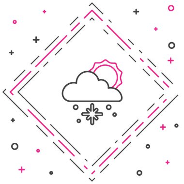 Beyaz zemin üzerinde kar ve güneş ikonu olan çizgi bulutu. Kar taneli bulut. Tek hava ikonu. Kar tabelası. Renkli taslak konsepti. Vektör