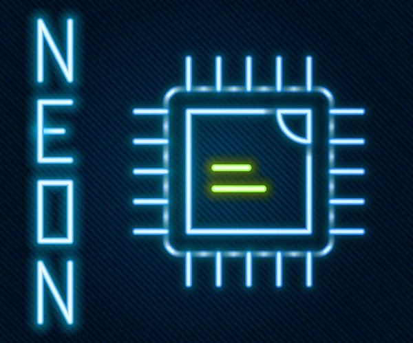 Zářící Neonová Čára Počítačový Procesor Mikroobvody Cpu Ikona Izolované Černém — Stockový vektor