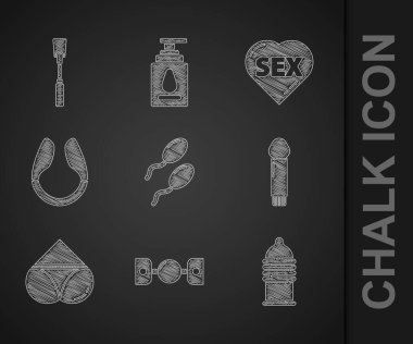 Set Sperm, Silicone ball gag with belt, Condom safe sex, Dildo vibrator, Woman panties, Heart text Sex and Leather whip icon. Vector