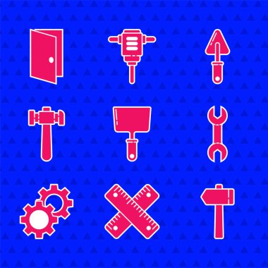 Oyun bıçağı, çapraz cetvel, çekiç, İngiliz anahtarı, dişli, mala ve kapalı kapı simgesi. Vektör