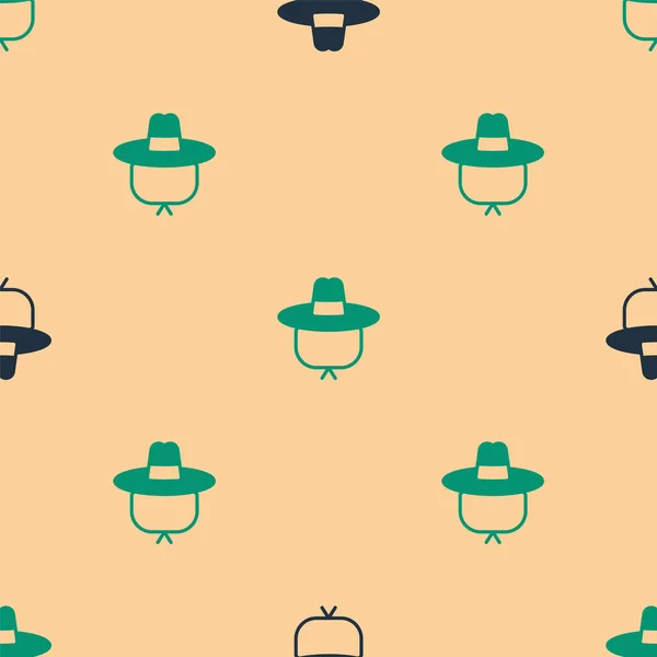 stock vector Green and black Camping hat icon isolated seamless pattern on beige background. Beach hat panama. Explorer travelers hat for hunting, hiking, tourism.  Vector