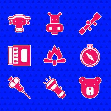 Kamp ateşi, fener, ayı kafası, pusula, şırınga, kibrit kutusu ve kibrit kutusu, keskin nişancı optik görüşü ve Afrika bufalo ikonu. Vektör