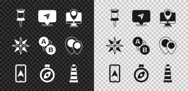 Push pimi, şehir haritası navigasyon bilgileri, konum işaretleyicisi, şehir, pusula, deniz feneri, rüzgar gülü ve güzergah simgesine sahip monitör. Vektör