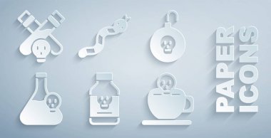 Zehirli hap, nükleer bomba, zehirli sıvı içeren deney şişesi, kahve fincanı kafatası, Yılan ve Şişe İksiri ikonu. Vektör