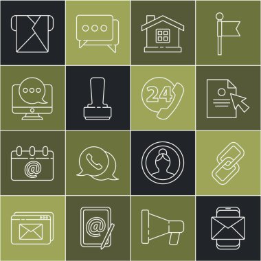 Hat Mobil ve zarf, zincir linki, belge imleci, House, Stamp, Chat iletileri uyarısını monitörde, Zarf ve Telefon 24 saat destek ikonunda ayarla. Vektör