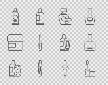 Şampuan ve sünger, Mascara fırçası, krem veya losyon kozmetik tüpü, saç spreyi kutusu, tırnak törpüsü, Pipette ve şişe ikonu. Vektör