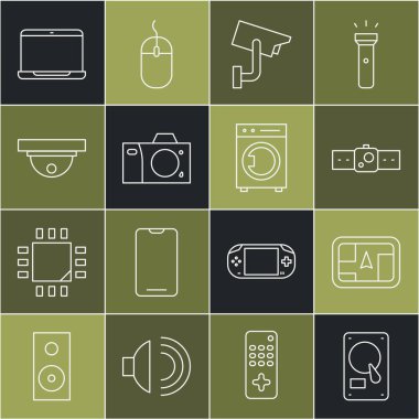HDD 'yi, Haritalı GPS cihazını, Smartwatch' i, güvenlik kamerasını, Fotoğrafı, Hareket algılayıcısını, Bilgisayarı ve Yıkama simgesini ayarla. Vektör