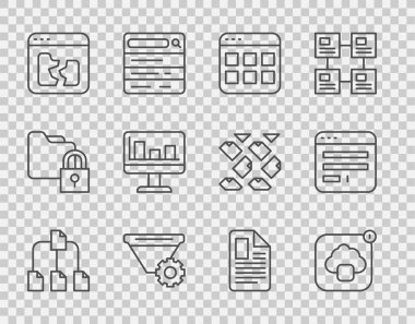Satır Dizini Ağacı, Bulut teknolojisi veri transferi, Tarayıcı dosyaları, Filtre ayarı, Kırık, grafik çizelgesi, Dosya belgesi ve pencere simgesi ile İzleyici 'yi ayarla. Vektör