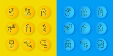 Hat reçel kavanozu, ekmekli kağıt torba tuvalet kağıdı rulosu, fiyat etiketi dolar, süpermarket gıda ürünleri fiyat etiketi temizlik acentesi ve viski şişesi ikonu için şişe. Vektör