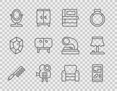 Set hattı saç fırçası, taşınabilir video oyun konsolu, Book, Retro sinema kamerası, yuvarlak makyaj aynası, TV standı, Armchair ve masa lambası ikonu. Vektör