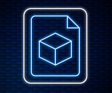 Parlayan neon hattı Isometric küp dosya simgesi tuğla duvar arka planında izole edildi. Geometrik küp katı simge. 3 boyutlu kare işareti. Kutu sembolü. Vektör.