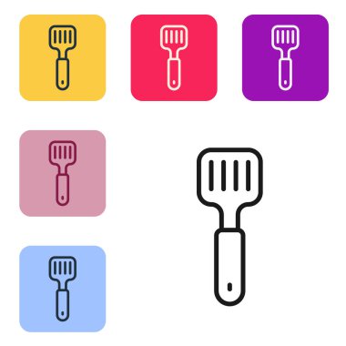Siyah çizgi Spatula simgesi beyaz arkaplanda izole edildi. Mutfak spatula ikonu. Barbekü spatula işareti. Barbekü ve ızgara aleti. Renkli kare düğmelerle simgeleri ayarla. Vektör